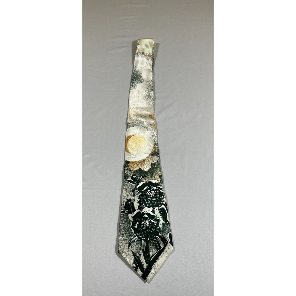 Wembley Vintage Floral Tie Cream Green Gold Abstract Whimsygoth Aesthetic Retro